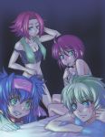  ahoge bare_shoulders bed blue_eyes blue_hair blush breasts cleavage clenched_teeth code_geass commentary_request crossover ester_elhas flipped_hair gachimatsu green_eyes green_hair gundam gundam_seed gundam_seed_destiny headband kallen_stadtfeld klan_klein long_hair lunamaria_hawke macross macross_frontier meltrandi midriff multiple_crossover multiple_girls pajamas pink_hair red_hair short_hair super_robot_wars super_robot_wars_z2 sweatdrop teeth towel twintails underwear 