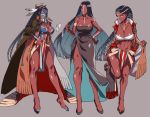  barefoot black_hair blue_eyes bodypaint braid breasts character_sheet cleavage cloak collarbone dark_skin fate/grand_order fate_(series) genderswap genderswap_(mtf) geronimo_(fate/grand_order) grey_background hand_on_hip horns jewelry kbtmsboy large_breasts long_hair looking_at_viewer native_american navel necklace one_eye_closed pipe sarashi simple_background sleeveless smile solo very_long_hair 