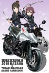  absurdres boots commentary_request flick_(sal23) ground_vehicle hamaguchi_ayame highres idolmaster idolmaster_cinderella_girls katana motor_vehicle motorcycle multiple_girls suzuki_(company) sword thigh_boots thighhighs wakiyama_tamami weapon 