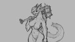  2018 absurd_res anthro areola big_breasts breasts digital_drawing_(artwork) digital_media_(artwork) dragon eyebrows eyelashes fangs female grey_background hair hammer hi_res holding_object holding_weapon horn long_neck looking_at_viewer melee_weapon navel nipples non-mammal_breasts nude open_mouth open_smile pussy scales scalie sharp_teeth simple_background sketch smile solo teeth thick_thighs tools warhammer watsup weapon wide_hips 