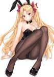  absurdres animal_ears black_footwear black_hairband black_legwear black_leotard bow breasts bunny_ears bunnysuit choker cleavage coffeedog collarbone earrings ereshkigal_(fate/grand_order) eyebrows_visible_through_hair fate/grand_order fate_(series) floating_hair full_body hair_bow hairband head_tilt highres jewelry leotard long_hair looking_at_viewer medium_breasts pantyhose pumps red_bow red_eyes shiny shiny_hair simple_background sitting solo striped_leotard twintails very_long_hair white_background wrist_cuffs 