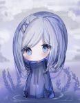  blue_eyes blue_jacket blue_sky blush chibi closed_mouth cloud cloudy_sky commentary_request cottontailtokki drawstring hair_ornament hairclip head_tilt jacket long_hair long_sleeves looking_at_viewer original outdoors partially_submerged purple_hair ripples sky solo water x_hair_ornament 