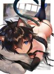  ahoge animal_ears ass back bangs bare_shoulders bed bell bell_collar black_bra black_gloves black_hair black_legwear black_panties blue_eyes bra breasts cat_ears cat_tail closed_mouth collar commentary_request elbow_gloves eyebrows_visible_through_hair genderswap genderswap_(mtf) gloves hair_between_eyes highres houshin_engi indoors looking_at_viewer lying mimoza_(96mimo414) on_bed on_stomach one_eye_closed panties pillow pillow_hug short_hair side-tie_panties solo strap_slip taikoubou tail thighhighs underwear underwear_only 