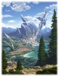  beach blue_sky border bridge canal castle city cloud cloudy_sky commentary_request day fading_border fantasy forest grass highres lake magewappa_z mountain mountaintop nature no_humans original outdoors path road scenery sky spikes statue sword tower tree water weapon 
