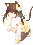  animal_ear_fluff animal_ears arm_support artist_name bangs bell bent_over black_legwear bow brown_eyes brown_hair cat_ears cat_girl cat_tail closed_mouth expressionless eyebrows_visible_through_hair hair_between_eyes hair_bow hair_ornament highres jingle_bell long_hair long_sleeves looking_at_viewer mary_janes miniskirt original pantyhose pleated_skirt ribbed_sweater se.a shoes sidelocks signature simple_background skirt sleeves_past_wrists solo suspender_skirt suspenders sweater tail twintails whiskers white_background white_sweater yellow_bow yellow_footwear yellow_skirt 