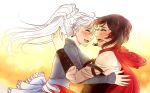  2girls black_hair blush breasts cape dress earrings eyes_closed gradient_hair hood hug jewelry long_hair manu-chann multicolored_hair multiple_girls open_mouth ponytail red_hair ruby_rose rwby sash shiny shiny_hair short_hair smile tears weiss_schnee white_hair 