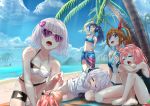  5girls absurdres animal_ears aoi_ch. azuma_lim azuma_lim_channel bacharu_(youtube) bangs beach bikini black_hair blue_eyes breasts brown_hair cat_ears closed_eyes cloud cloudy_sky dansei_virtual_youtuber_bacharu day eyewear_on_head fang fuji_aoi hair_between_eyes hair_ornament hair_scrunchie heart heart-shaped_eyewear heart_hair_ornament highres hinata_channel hood hoodie huge_filesize lap_pillow long_hair low_twintails medium_breasts moemi_&amp;_yomemi_channel multiple_girls navel nekomiya_hinata nuwon ocean one_eye_closed open_mouth outdoors palm_tree pink_hair ponytail print_sarong purple_eyes sand sarong school_swimsuit scrunchie short_hair silver_hair sitting sky small_breasts smile sunglasses swimsuit thigh_strap tokino_sora tokino_sora_channel tree twintails virtual_youtuber water yomemi 