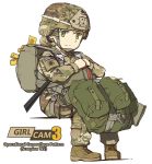  american_flag backpack bag blonde_hair camouflage copyright_name graphite_(medium) green_eyes helmet looking_at_viewer military military_uniform original patch simple_background sitting smile soldier solo tantu_(tc1995) traditional_media uniform us_army white_background 