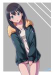  :o black_hair blue_eyes blush commentary_request grey_background jacket long_hair long_sleeves looking_at_viewer muraiaria signature solo ssss.gridman takarada_rikka 