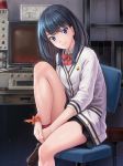  black_hair blue_eyes blush cardigan chair closed_mouth eyebrows_visible_through_hair highres indoors legs looking_at_viewer macha0331 red_neckwear shirt shoes sitting smile solo ssss.gridman takarada_rikka thighs white_cardigan white_shirt 