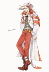  alternate_color arrow_through_hat belt character_name cigar full_body glint green_eyes hands_in_pockets hat highres incineroar jacket male_focus mouth_hold ngr_(nnn204204) pants personification pokemon red_footwear red_pants shiny_pokemon shoes solo standing white_background white_hat white_jacket 