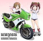  absurdres bloomers boots commentary_request flick_(sal23) ground_vehicle highres idolmaster idolmaster_cinderella_girls kawasaki mimura_kanako motor_vehicle motorcycle multiple_girls ogata_chieri thigh_boots thighhighs underwear 