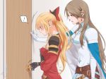  2girls black_bow black_gloves blonde_hair blush bow brown_hair commentary_request door doorknob from_side gloves granblue_fantasy hair_bow katalina_aryze long_hair looking_at_another looking_down miso-ha_(ukyuu) multiple_girls open_mouth ponytail profile red_bow red_eyes spoken_exclamation_mark sweat upper_body vira_lilie white_gloves yuri 