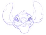  2010 alien disembodied_head disney experiment_(species) fur head_tuft lilo_and_stitch looking_at_viewer low_res monochrome nappyrat notched_ear open_mouth open_smile purple_and_white sketch smile solo stitch tongue tongue_out 