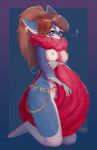  2018 anthro areola big_breasts blue_fur bracelet breasts brown_hair canine chain digital_drawing_(artwork) digital_media_(artwork) ear_piercing female fluffy fluffy_tail fox fur hair hi_res jewelry kemono kuglu long_hair looking_at_viewer mammal necklace nipples nude open_mouth piercing pussy red_fur simple_background solo thick_thighs white_fur yellow_eyes 
