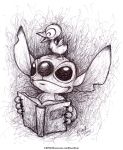  2018 absurd_res alien avian bird book claws disney duck duckling duo experiment_(species) eyes_closed feathers hi_res holding_book holding_object lilo_and_stitch notched_ear on_head ravenevert smile stitch url 