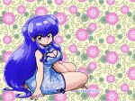  bare_shoulders barefoot bell breasts china_dress chinese_clothes cleavage cleavage_cutout double_bun dress eyebrows_visible_through_hair fingernails floral_print hair_bell hair_ornament heart_cutout large_breasts long_hair looking_at_viewer looking_back parted_lips purple_hair ranma_1/2 shampoo_(ranma_1/2) sidelocks twitter_username wanta_(futoshi) 