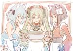  :t animal_ears animare bangs black_hair blue_eyes blue_hair blunt_bangs blush bow bowtie brown_eyes cat_ears commentary finger_to_mouth fox_ears fox_mask gloves green_eyes green_hair hinokuma_ran holding inari_kuromu isshiki_(ffmania7) japanese_clothes kuromu_channel long_hair mask mask_on_head multiple_girls paw_gloves paws pot short_hair signature sketch smile souya_ichika symbol_commentary twintails two_side_up virtual_youtuber wavy_mouth 