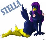  2010 3_toes anthro avian beak big_breasts bird blue_eyes blue_feathers breasts claws digital_media_(artwork) feathers feet female hair huge_breasts long_hair looking_at_viewer nipples non-mammal_breasts nude one_eye_closed open_mouth pose purple_hair signature simple_background solo stella_(dragonofdarkness1992) toe_claws toes white_background wink zp92 