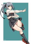  absurdres aqua_background artist_name belt black_legwear black_ribbon breasts buttons dress eyebrows_visible_through_hair full_body grey_hair haho hair_ribbon high_heels highres kantai_collection kasumi_(kantai_collection) kneehighs long_hair long_sleeves looking_at_viewer neck_ribbon pinafore_dress red_ribbon remodel_(kantai_collection) ribbon school_uniform shaded_face shirt side_ponytail silver_hair sleeveless sleeveless_dress small_breasts solo standing two-tone_background white_background white_shirt yellow_eyes 