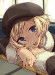  blonde_hair blue_eyes cabbie_hat character_request commentary_request fur_trim hat head_rest hi_no_tori round_teeth short_hair solo suo_(sndrta2n) teeth 
