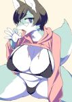  anthro big_breasts black_hair blue_eyes blue_fur breasts camel_toe clothed clothing eyewear fellatio_gesture female fur glasses hair kemono mammal meme multicolored_fur open_mouth round_glasses suggestive suggestive_gesture thick_thighs twitter_hoodie two_tone_fur white_fur たぬたん 
