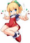  1girl blonde_hair blue_eyes bow dress female hair_bow karukan_(monjya) open_mouth panties panty_peek ponytail rockman rockman_(classic) roll simple_background solo underwear white_background 