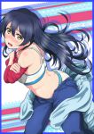  bangs blue_hair blue_pants blush commentary_request covering cowboy_shot daikichi embarrassed eyebrows_visible_through_hair from_side hair_between_eyes long_hair looking_at_viewer love_live! love_live!_school_idol_project open_mouth panties pants red_shirt shirt simple_background solo sonoda_umi sports_bra sweat sweatdrop underwear undressing 
