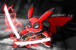  2018 actor_allusion angry belt clothed clothing crossover deadpool digital_drawing_(artwork) digital_media_(artwork) dipstick_ears dual_wielding energy footwear fully_clothed holding_object holding_weapon m4dr4bbit marvel melee_weapon nintendo pikachu pikapool pok&eacute;mon pok&eacute;mon_(species) shoes signature solo sword video_games weapon 