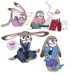  &lt;3 alcohol beverage bra canine cellphone clothing cooking cup disney female fox hazard-girl judy_hopps kneeling lagomorph lying male mammal multiple_poses nick_wilde on_back phone pillow police_uniform pose rabbit shorts simple_background smoke solo sports_bra sweat tongue tongue_out towel underwear uniform white_background wine wine_glass zootopia 