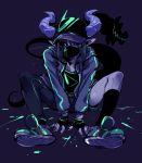  asymmetrical_clothes asymmetrical_pants baseball_cap black_sclera docu_(doppel) doppel_(pixiv) face_mask fingerless_gloves gloves green_eyes hat highres horns looking_at_viewer male_focus mask monster_boy original pointy_ears shoes sneakers solo tail 