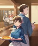  3boys :d ahoge back-to-back beer_mug black_hair brown_eyes brown_hair facial_hair food indoors isekai_izakaya_&quot;nobu&quot; kururi long_hair looking_at_viewer multiple_boys multiple_girls official_art omurice open_mouth ponytail samue senke_shinobu silver_hair smile standing stubble waitress yazawa_nobuyuki 