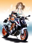  absurdres bangs bare_shoulders biker_clothes bikesuit blue_background blush bodysuit boots breasts brown_eyes brown_hair cleavage commentary_request flick_(sal23) gradient gradient_background ground_vehicle highres idolmaster idolmaster_cinderella_girls large_breasts looking_at_viewer motor_vehicle motorcycle open_bodysuit open_mouth orange_background orange_bodysuit polka_dot polka_dot_background scrunchie sidelocks smile solo sparkle striped_bikini_top totoki_airi twintails two-tone_background 