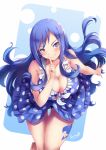  arm_up bare_shoulders bikini bikini_skirt blue_bikini blue_eyes blue_hair blush breasts cleavage closed_mouth collarbone commentary_request fairy_tail finger_to_mouth frilled_bikini frills front-tie_bikini front-tie_top gainoob juvia_lockser large_breasts long_hair looking_at_viewer polka_dot polka_dot_bikini signature simple_background smile solo swimsuit tattoo thigh_gap 