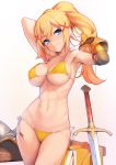  abs absurdres armpits arms_up ataruman bikini blonde_hair blue_eyes braid breasts cameltoe closed_mouth commentary_request crown_braid darkness_(konosuba) elbow_gloves gloves gradient gradient_background hair_ornament head_tilt highres kono_subarashii_sekai_ni_shukufuku_wo! large_breasts long_hair navel ponytail side-tie_bikini sidelocks simple_background single_elbow_glove single_pauldron smile solo strap_gap string_bikini swimsuit sword weapon x_hair_ornament yellow_bikini 