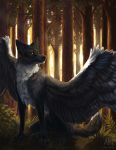  2017 aurru black_feathers black_nose canine day digital_media_(artwork) dog feathered_wings feathers forest hybrid mammal outside paws tree wings 