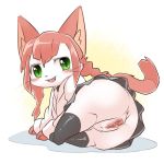  anthro anus blush bottomless butt clitoris clothed clothing cute_fangs feline female fur green_eyes hair kemono kesu_pu looking_at_viewer looking_back mammal miniskirt no_underwear nude open_mouth presenting presenting_anus presenting_pussy pussy simple_background skirt smile solo tongue 