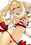  ahoge bangs bead_bracelet beads bikini bracelet breasts cleavage commentary_request criss-cross_halter earrings eyebrows_visible_through_hair fate/grand_order fate_(series) green_eyes hair_between_eyes hair_intakes halterneck jewelry large_breasts midriff navel nero_claudius_(fate)_(all) nero_claudius_(swimsuit_caster)_(fate) red_bikini side-tie_bikini smile striped striped_bikini swimsuit twintails white_background ycgame 