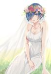  aqua_eyes bangs bare_shoulders blue_hair breasts bridal_veil cleavage collarbone commentary_request dress field flower g4265059 hair_flower hair_ornament hair_over_one_eye head_wreath highres kirishima_touka looking_at_viewer medium_breasts open_mouth parted_lips rose short_hair simple_background sitting solo tokyo_ghoul veil wedding_dress white_dress yokozuwari 