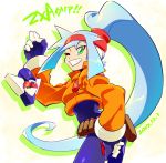  1girl ashe_(rockman) belt blue_hair dated gloves green_eyes grin hair_between_eyes hand_on_hip high_ponytail kon_(kin219) livemetal long_hair long_sleeves looking_at_viewer looking_back model_a one_eye_closed ponytail protected_link rockman rockman_zx rockman_zx_advent simple_background smile solo teeth very_long_hair 