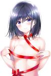  adagaki_aki bangs black_hair blue_eyes blush breasts closed_mouth collarbone commentary eyebrows_visible_through_hair hands_up head_tilt highres holding holding_ribbon looking_at_viewer masamune-kun_no_revenge naked_ribbon red_ribbon ribbon shiny shiny_hair short_hair sidelocks simple_background small_breasts smile solo sunhyun upper_body white_background 