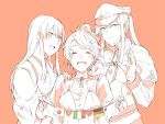  3girls akagi_(kantai_collection) aquila_(kantai_collection) blush breasts capelet celtic_knot closed_mouth collared_shirt commentary_request eyebrows_visible_through_hair eyes_closed fingernails german_flag gloves graf_zeppelin_(kantai_collection) hair_between_eyes hair_ornament hair_tie hairclip hand_on_another&#039;s_shoulder hat heart high_ponytail iron_cross italian_flag jacket japanese_clothes japanese_flag kantai_collection kimono kurozu_(hckr_96) long_hair long_sleeves looking_at_viewer military military_hat monochrome multiple_girls neck_ribbon necktie open_mouth peaked_cap ribbon shirt sidelocks spot_color tasuki twintails upper_body wavy_hair 