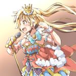  bang_dream! bangs blonde_hair blue_bow bow clenched_hand crown detached_sleeves dress earrings fringe_trim fur_trim jewelry layered_dress long_hair microphone microphone_stand multicolored multicolored_clothes multicolored_dress riai_(onsen) solo striped_sleeves sweat tsurumaki_kokoro twintails wrist_cuffs yellow_eyes 