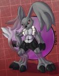  anthro bulge claws clothed clothing digimon digimon_(species) erection feline fur gazimon gs-fox hybrid lagomorph looking_at_viewer male mammal red_eyes signature smile solo standing tight_clothing tight_pants topless 
