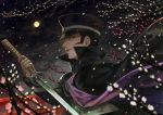  black_hair cape devil_summoner from_side full_moon green_eyes hat highres holding holding_sword holding_weapon kamizawa_(sark) kuzunoha_raidou male_focus moon night night_sky shin_megami_tensei sideburns sky solo sword weapon 