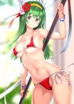 bikini blurry blurry_background bracelet breasts brown_eyes carrie_(sennen_sensou_aigis) coffee_cat cowboy_shot eyebrows_visible_through_hair flower green_hair hair_between_eyes hair_flower hair_ornament hairband holding jewelry large_breasts legs_apart long_hair looking_at_viewer open_mouth red_bikini sennen_sensou_aigis side-tie_bikini solo standing swimsuit 