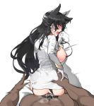  1girl animal_ears anus ass_grab atago_(azur_lane) azur_lane bangs bar_censor blush breasts breasts_outside brown_eyes censored commentary doggystyle extra_ears eyes_visible_through_hair from_above garter_straps gloves hair_ribbon heavy_breathing hetero highres large_breasts long_hair looking_at_viewer looking_back military military_uniform mimyo panties panties_aside penis pov pussy_juice ribbon sex skindentation spanking underwear uniform white_gloves white_ribbon 
