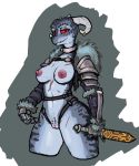  2018 anthro areola argonian armor blush breasts butt clothed clothing collar female grin holding_object holding_weapon horn looking_at_viewer melee_weapon mostly_nude nipples non-mammal_breasts pussy reccand red_sclera reptile scales scalie scar simple_background skyrim smile solo standing sword the_elder_scrolls thick-thighs video_games weapon 