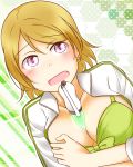  10s 1girl between_breasts bikini blush breasts brown_hair cleavage crossed_arms dutch_angle eyebrows_visible_through_hair feitonokesin glowstick green_bikini koizumi_hanayo large_breasts looking_at_viewer love_live! love_live!_school_idol_project medium_hair open_mouth purple_eyes solo standing swimsuit upper_body 