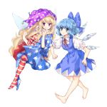  2girls american_flag_dress american_flag_legwear barefoot blonde_hair blue_bow blue_dress blue_eyes blue_hair blue_legwear blush bow breasts cheunes cirno clenched_hand clownpiece commentary dress fairy_wings floating full_body hair_bow hands_up hat highres ice ice_wings jester_cap long_hair looking_at_viewer medium_breasts mob_cap multiple_girls neck_ribbon neck_ruff no_shoes pantyhose pinafore_dress polka_dot polka_dot_hat puffy_short_sleeves puffy_sleeves purple_eyes purple_hat red_dress red_legwear red_neckwear red_ribbon ribbon shirt short_hair short_sleeves simple_background smile star star_print striped striped_dress striped_legwear symbol_commentary touhou very_long_hair white_background white_dress white_legwear white_shirt wings 
